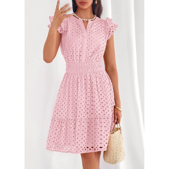 Women's Pink V Neck Eyelet Cap Sleeve Summer Beach Vacation Sundresseses - Picture 6 of 8